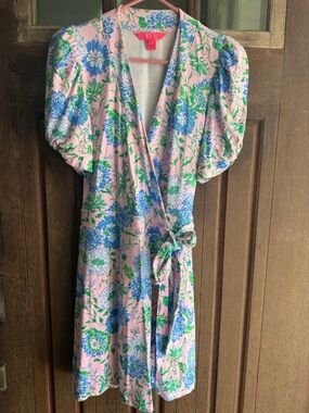 Lilly Pulitzer Pink Floral Sailynn Puff Sleeve Waist Tie Wrap Shorts Romper S
